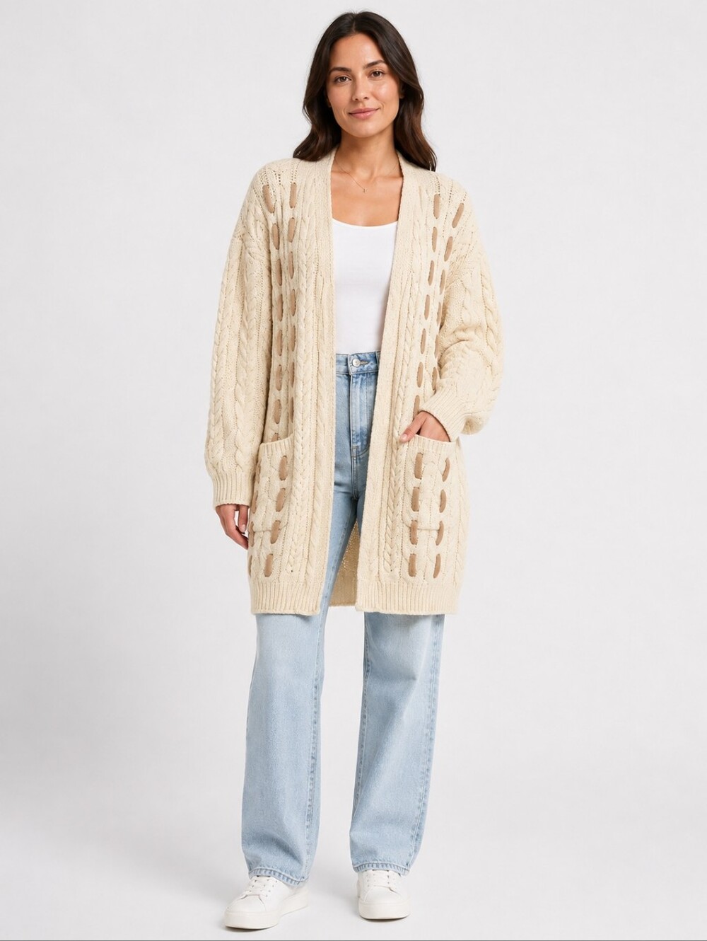 POL Cream Oversized Cable Knit Open Front Cardigan Longline NWOT